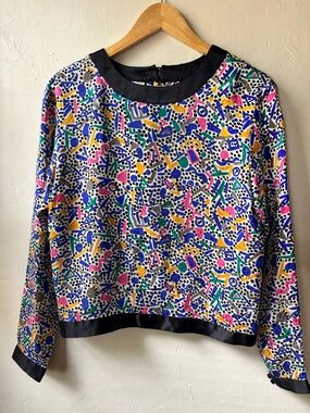 Vintage Flora Kung 100% Silk Blouse Geometric 80s Graphic Colorful Print Exc